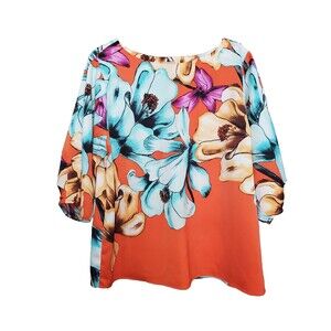 Chico’s Orange Floral Print Boat Neck 3/4 Sleeve Blouse Size 2 Large